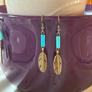 Turquoise and Gold Feather Earrings